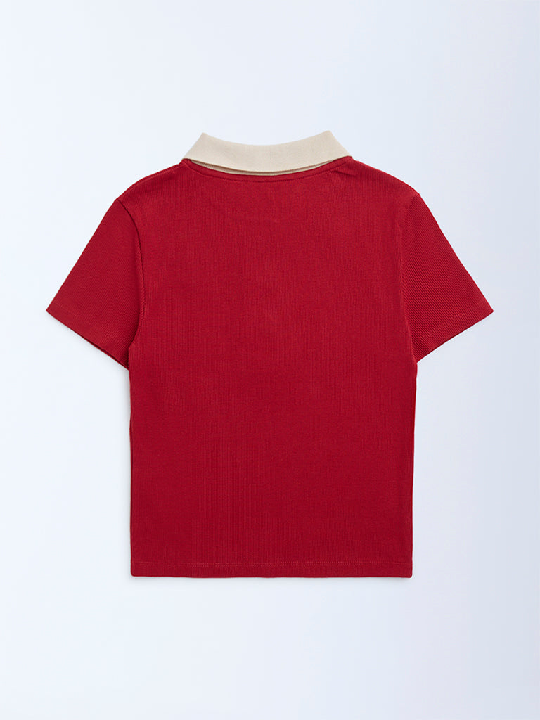 Y&F Kids Red Ribbed-Textured Cotton-Blend Polo T-Shirt - Image 2