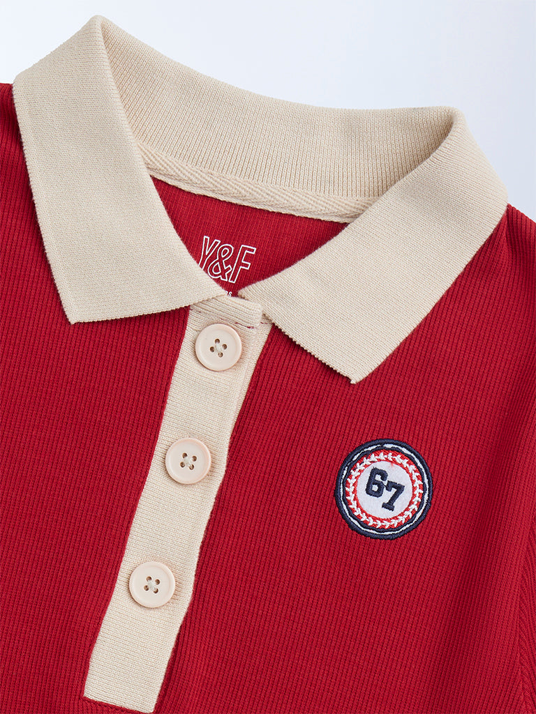 Y&F Kids Red Ribbed-Textured Cotton-Blend Polo T-Shirt - Image 3