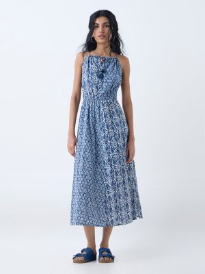 Bombay Paisley Dark Blue Printed Cotton A-Line Dress