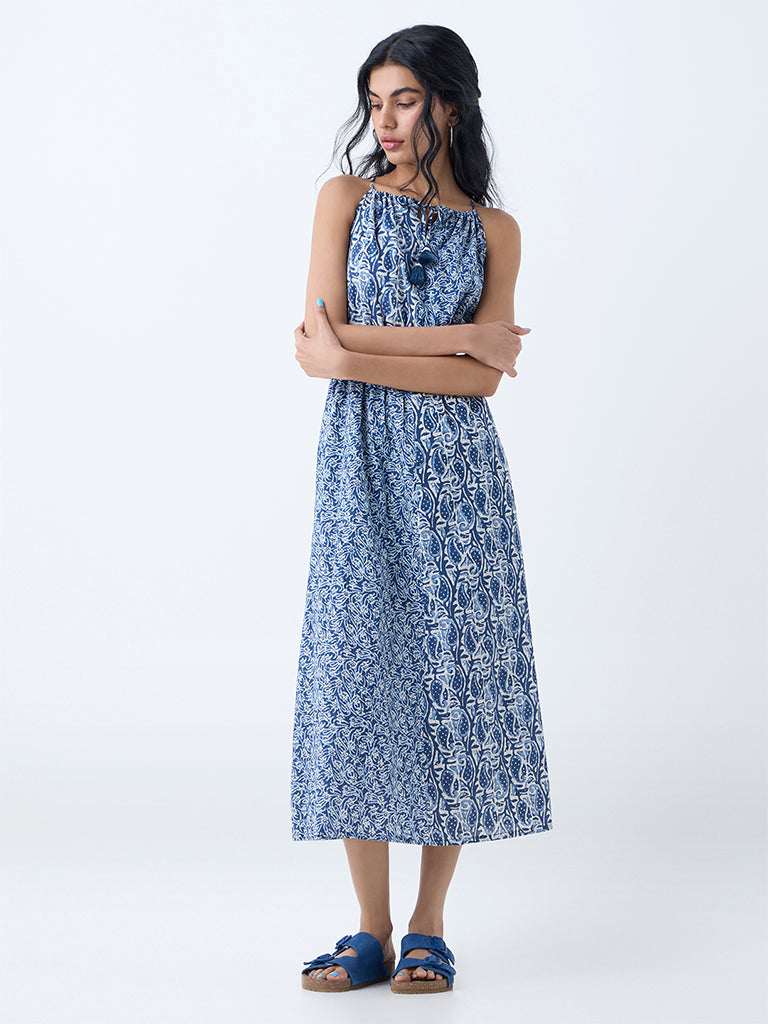 Bombay Paisley Dark Blue Printed Cotton A-Line Dress - Image 2