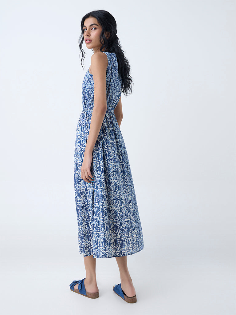 Bombay Paisley Dark Blue Printed Cotton A-Line Dress - Image 4