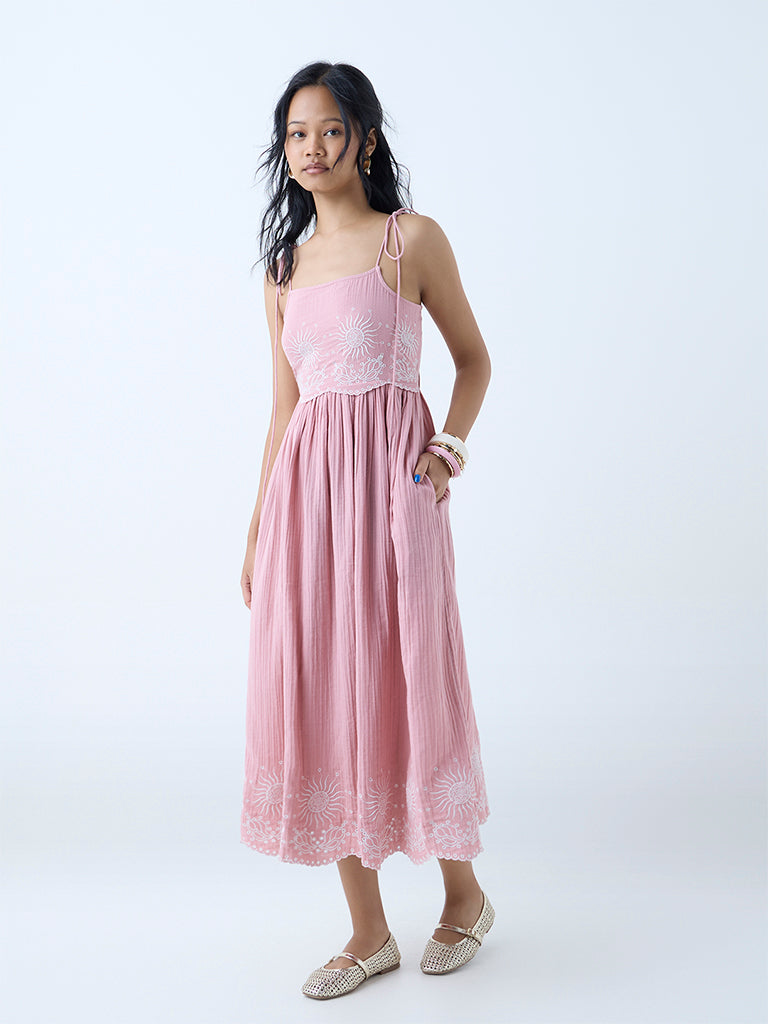 Bombay Paisley Pink Embroidered Cotton A-Line Dress - Image 2