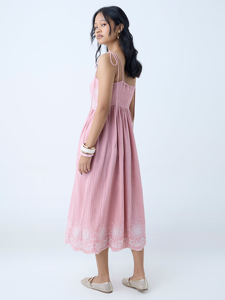 Bombay Paisley Pink Embroidered Cotton A-Line Dress - Image 4