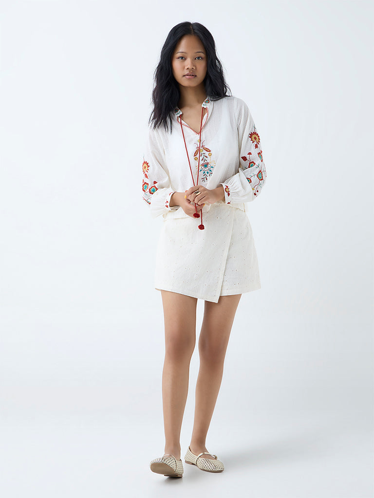 Bombay Paisley White Embroidered Cotton Top - Image 2