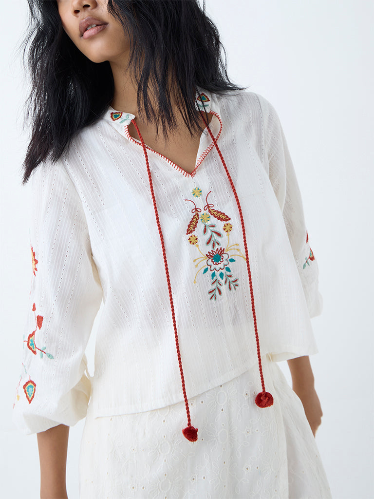 Bombay Paisley White Embroidered Cotton Top - Image 3