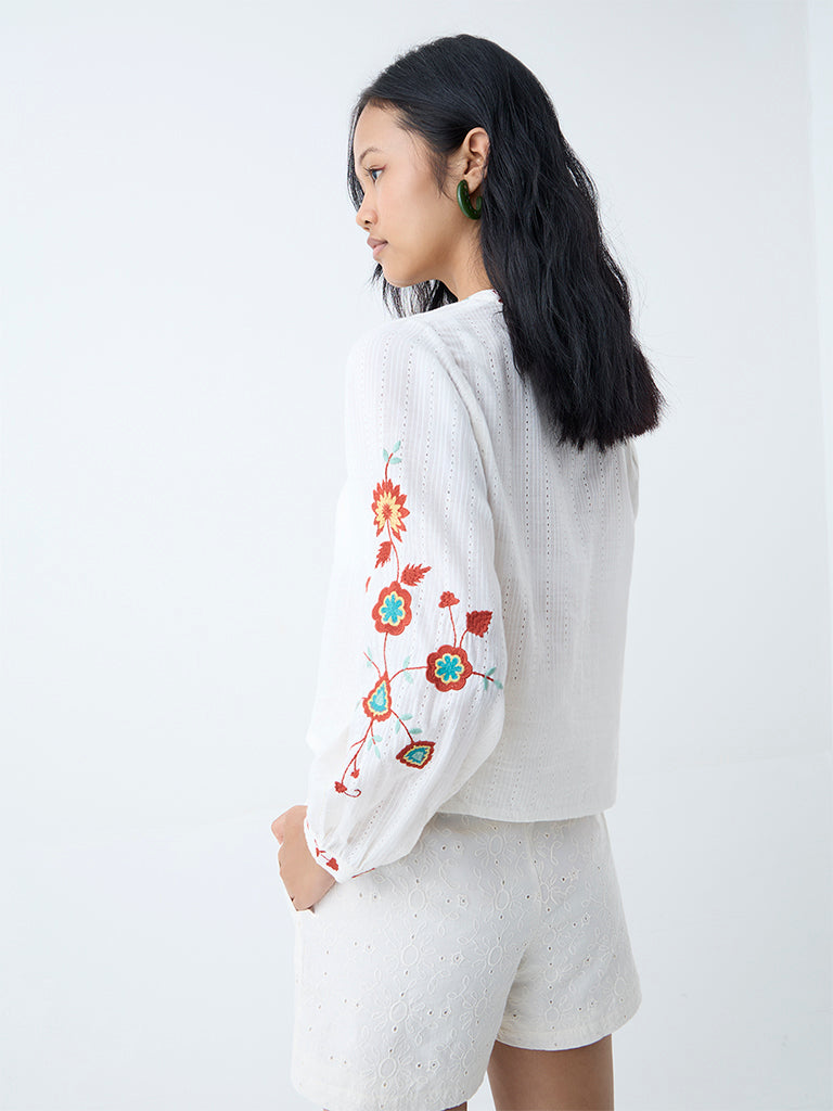 Bombay Paisley White Embroidered Cotton Top - Image 4