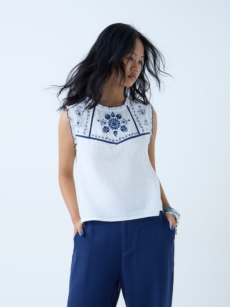 Bombay Paisley White Embroidered Cotton-Blend Top