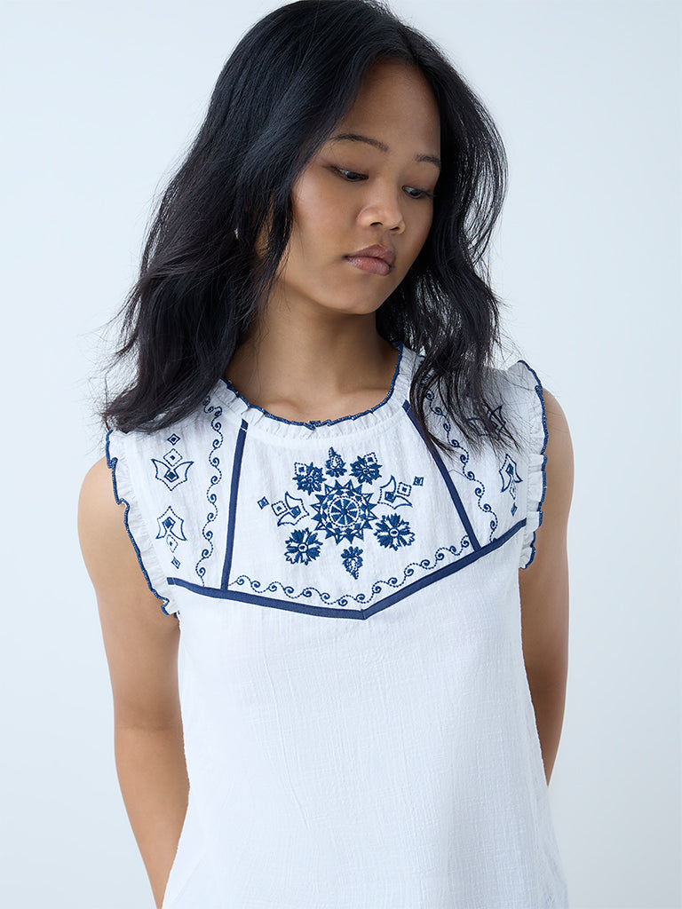 Bombay Paisley White Embroidered Cotton-Blend Top - Image 3