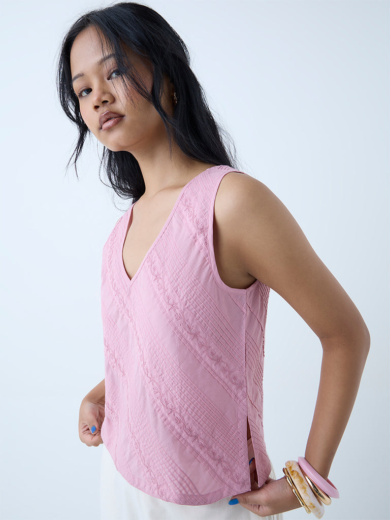 Bombay Paisley Pink Floral Embroidered Cotton Top - Image 3