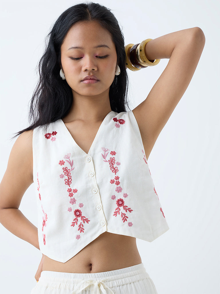 Bombay Paisley White Embroidered Cotton-Blend Waistcoat - Image 2