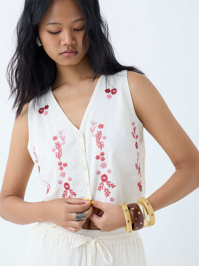 Bombay Paisley White Embroidered Cotton-Blend Waistcoat - Image 3