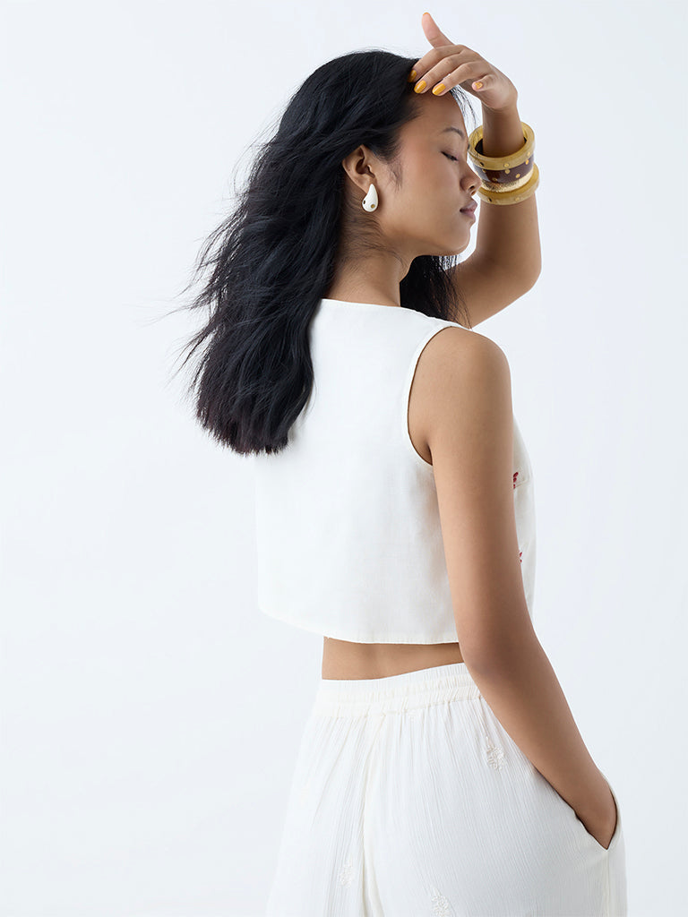 Bombay Paisley White Embroidered Cotton-Blend Waistcoat - Image 4