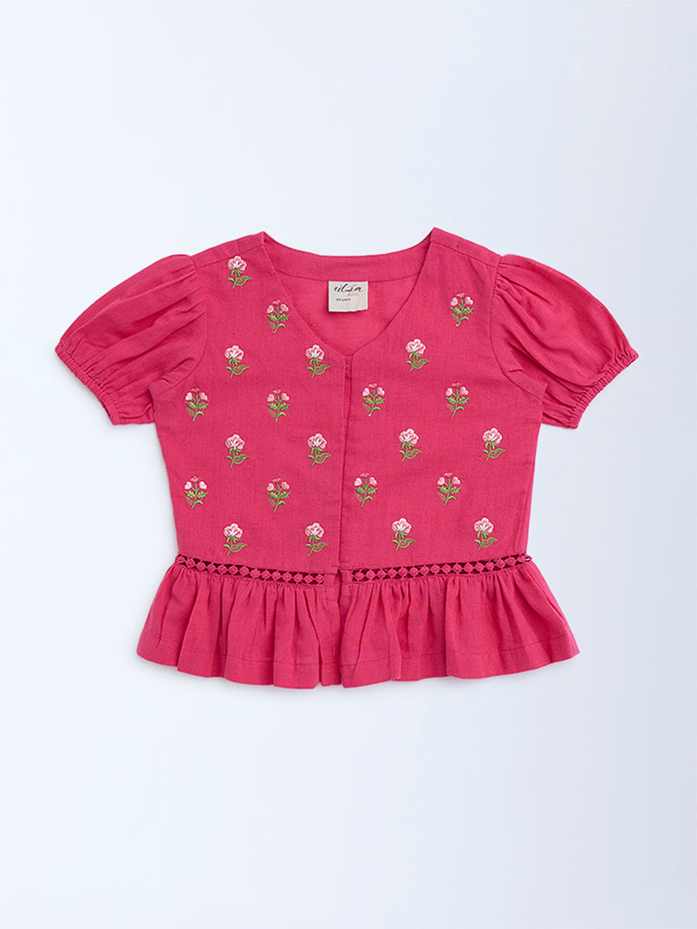 Utsa Kids Fuchsia Embroidered Cotton-Blend Ethnic Top - (2-8yrs) - Image 2