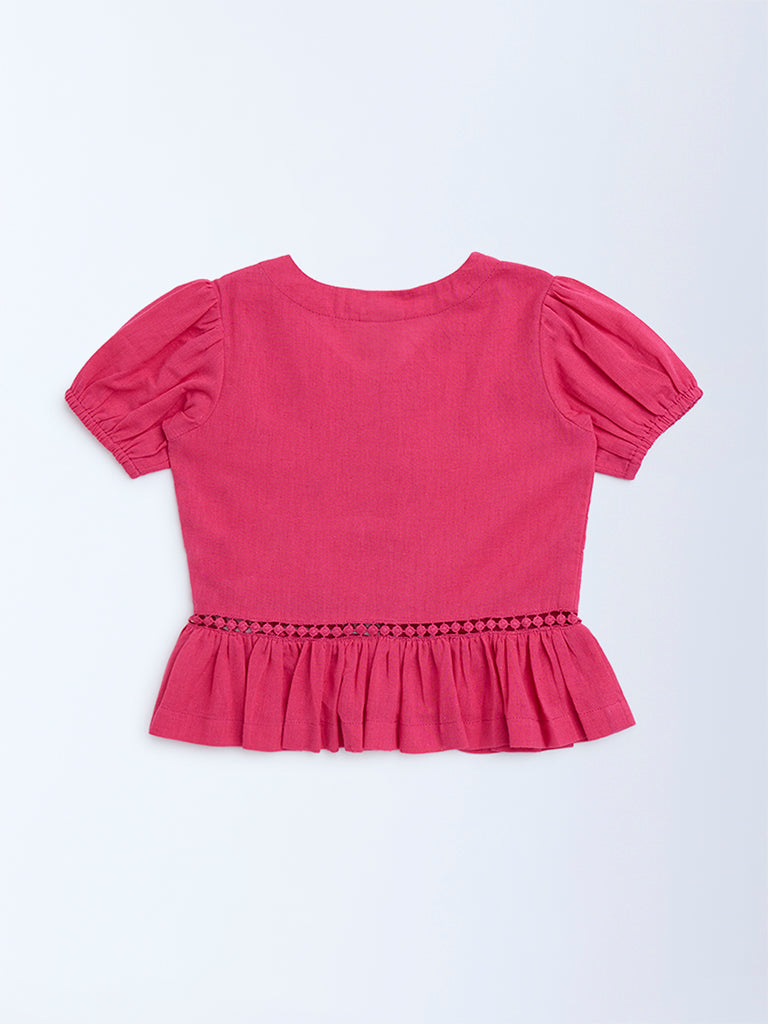 Utsa Kids Fuchsia Embroidered Cotton-Blend Ethnic Top - (2-8yrs) - Image 3