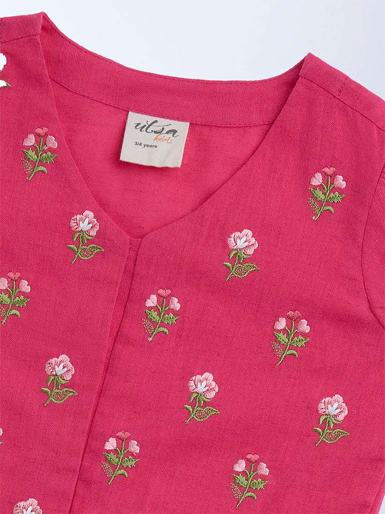 Utsa Kids Fuchsia Embroidered Cotton-Blend Ethnic Top - (2-8yrs) - Image 4