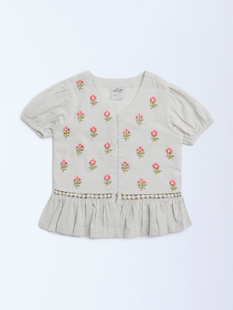Utsa Kids Off-White Embroidered Cotton-Blend Ethnic Top - (2-8yrs) - Image 2