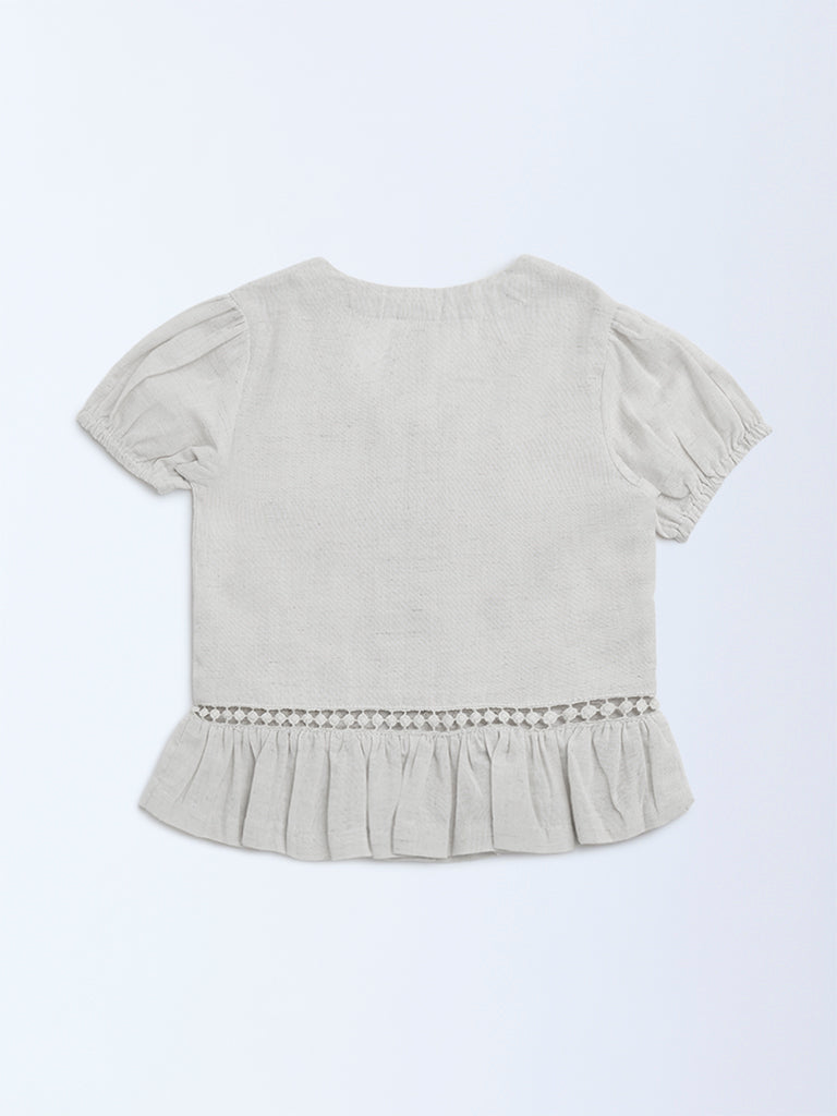 Utsa Kids Off-White Embroidered Cotton-Blend Ethnic Top - (2-8yrs) - Image 3