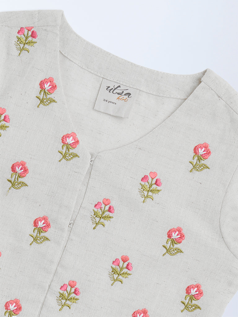 Utsa Kids Off-White Embroidered Cotton-Blend Ethnic Top - (2-8yrs) - Image 4