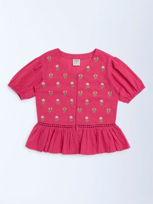 Utsa Kids Fuchsia Embroidered Cotton-Blend Ethnic Top - (8-14yrs)