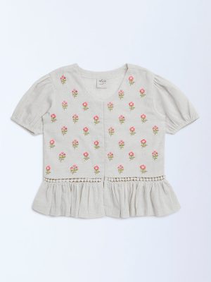 Utsa Kids Off-White Embroidered Cotton-Blend Ethnic Top - (8-14yrs)
