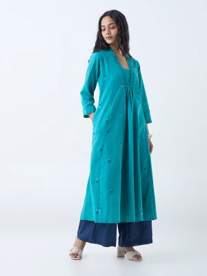 Utsa Aqua Floral Embroidered Cotton A-Line Kurta