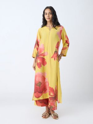Utsa Yellow Floral Detailed A-Line Kurta