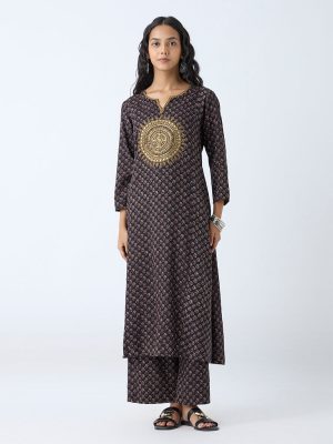 Utsa Black Mandala Embroidered A-Line Kurta