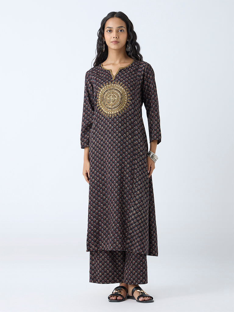 Utsa Black Mandala Embroidered A-Line Kurta