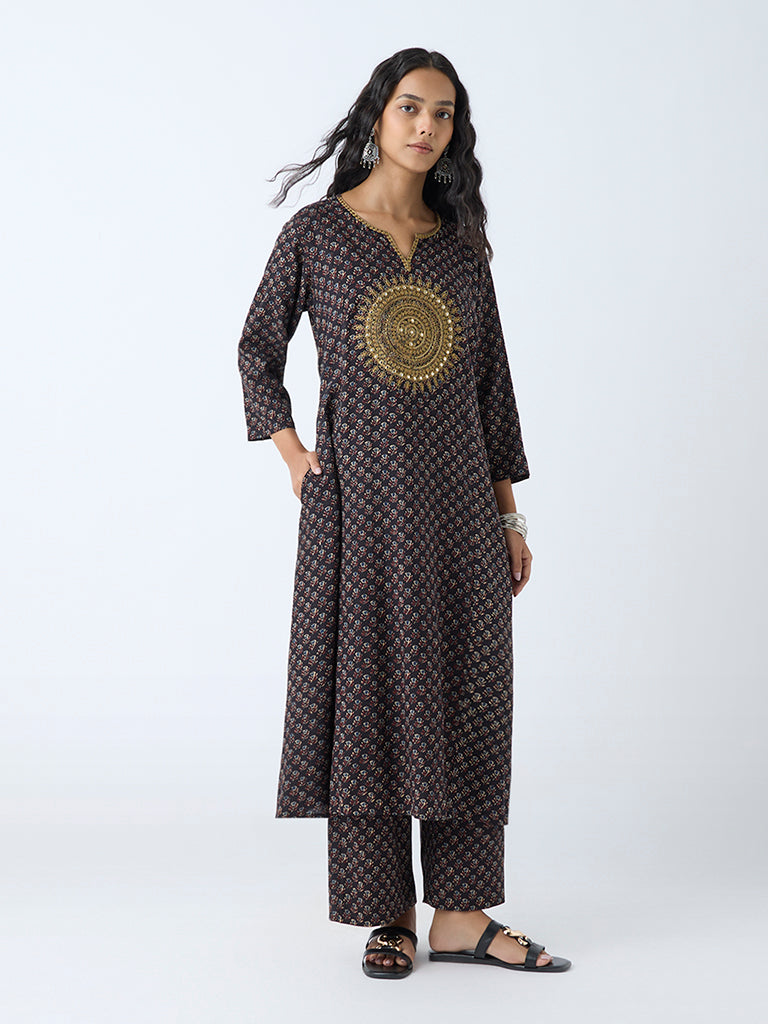 Utsa Black Mandala Embroidered A-Line Kurta - Image 2
