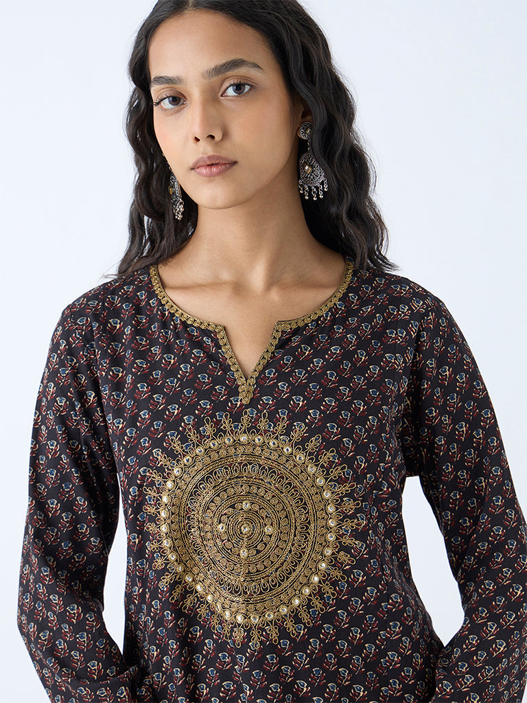 Utsa Black Mandala Embroidered A-Line Kurta - Image 3