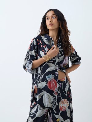 Utsa Black Botanical Printed Ethnic Tunic