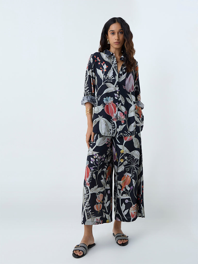 Utsa Black Botanical Printed Ethnic Tunic - Image 2