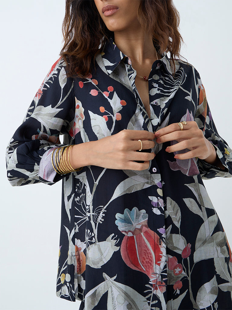 Utsa Black Botanical Printed Ethnic Tunic - Image 3