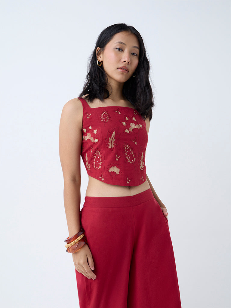 Utsa Red Embroidered Cotton-Blend Ethnic Top