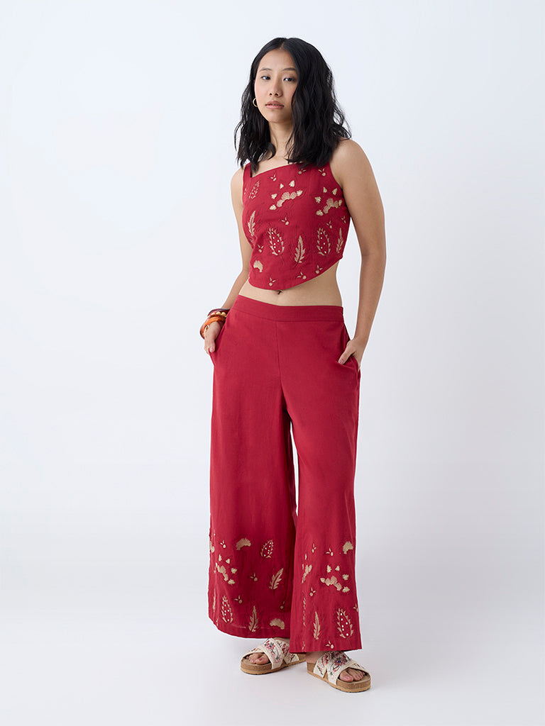 Utsa Red Embroidered Cotton-Blend Ethnic Top - Image 2