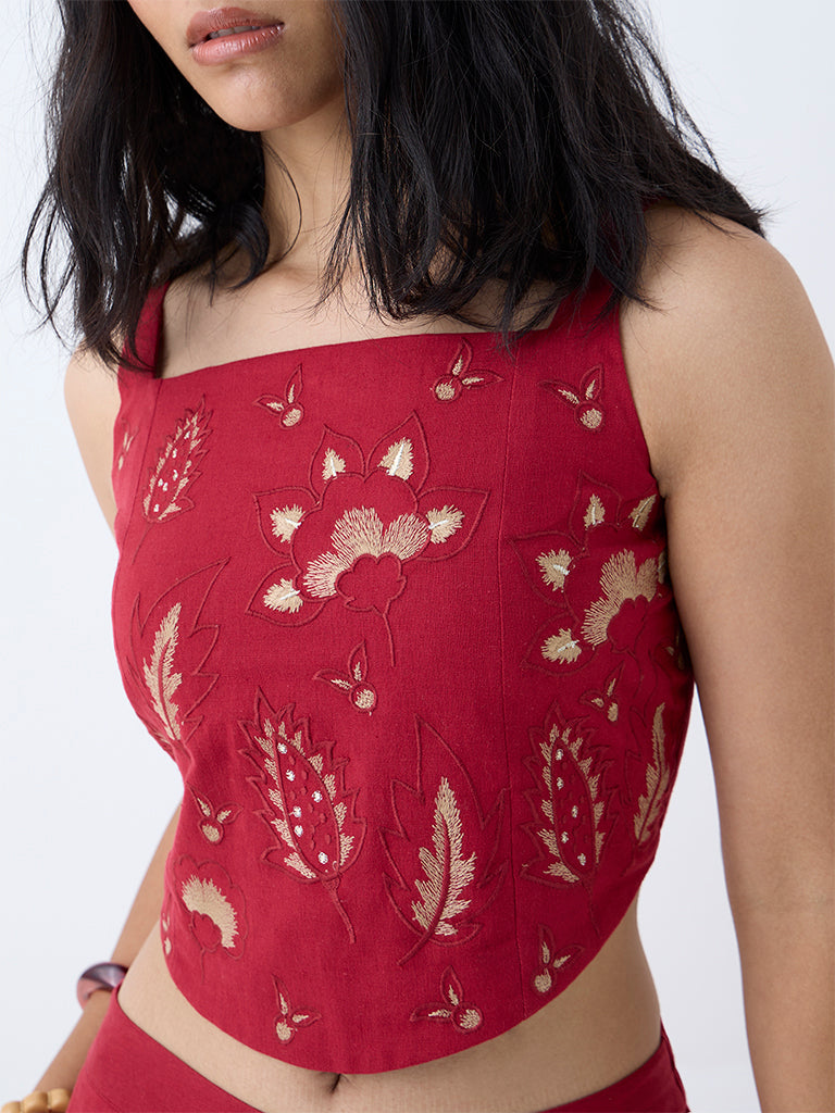 Utsa Red Embroidered Cotton-Blend Ethnic Top - Image 3