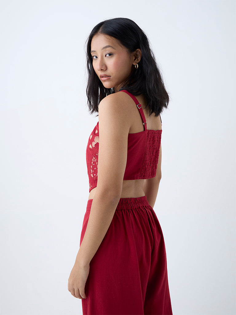 Utsa Red Embroidered Cotton-Blend Ethnic Top - Image 4