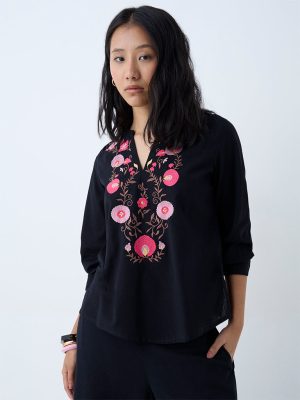 Utsa Black Floral Embroidered Cotton Top