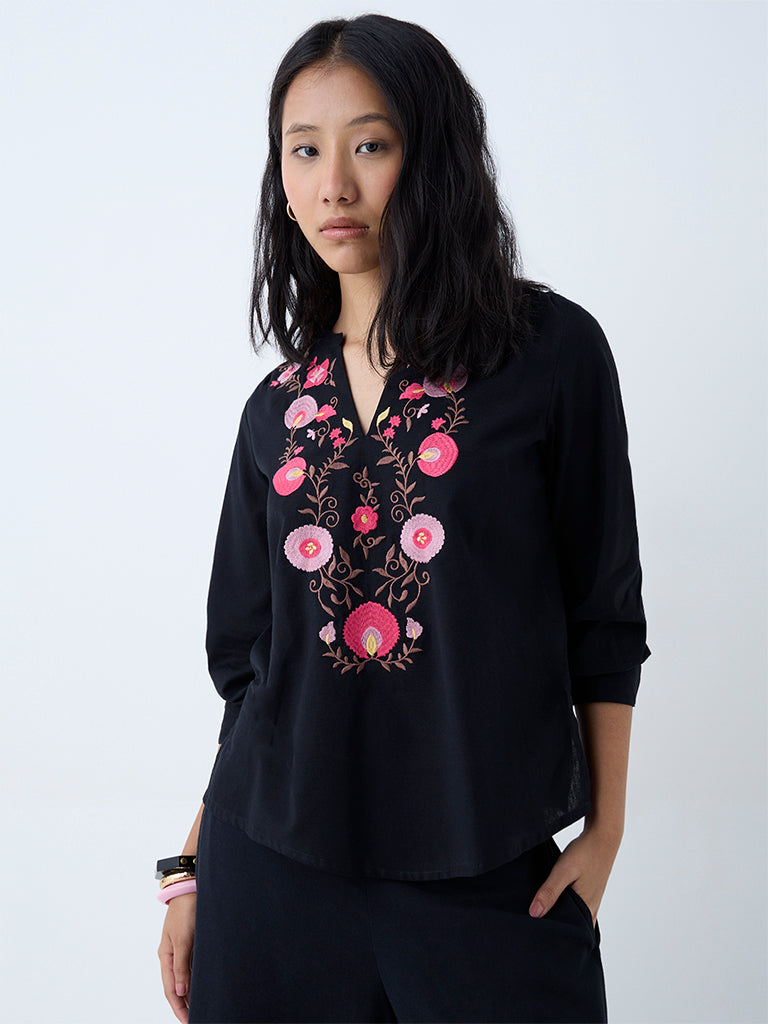Utsa Black Floral Embroidered Cotton Top