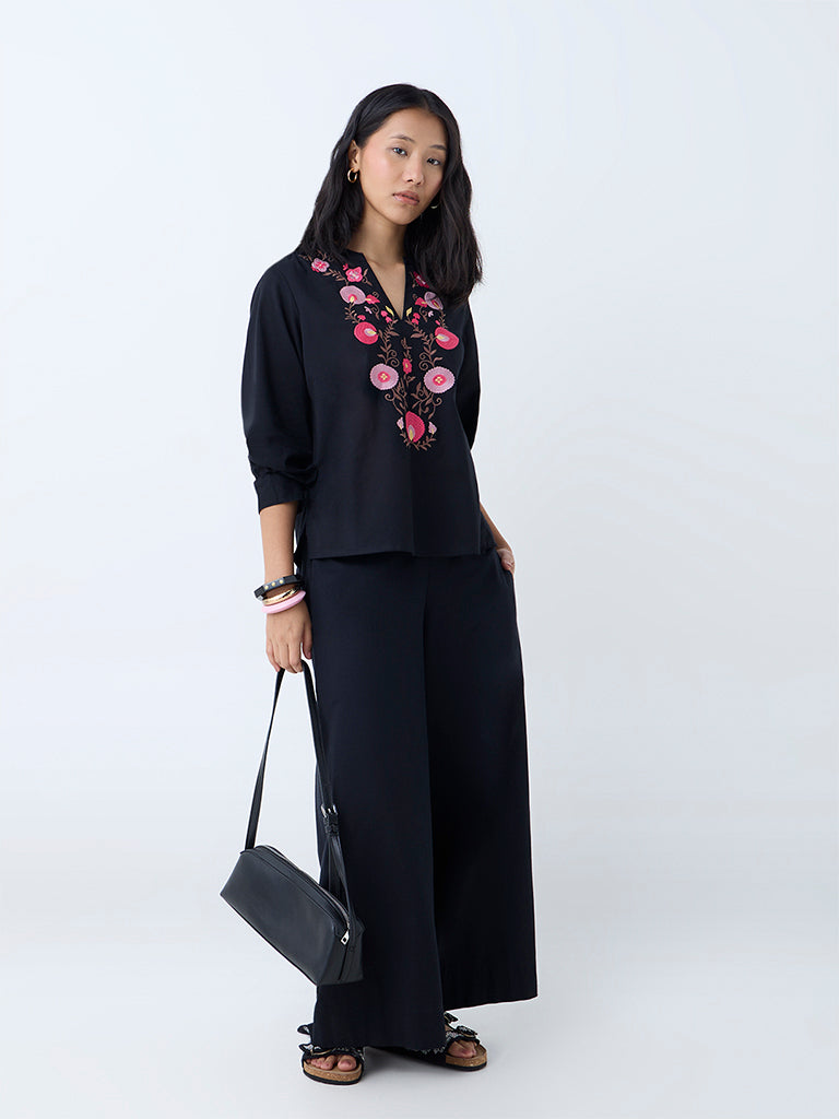 Utsa Black Floral Embroidered Cotton Top - Image 2