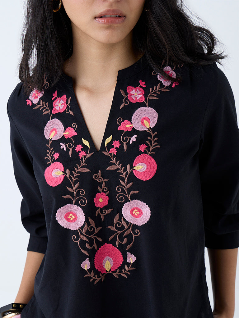 Utsa Black Floral Embroidered Cotton Top - Image 3