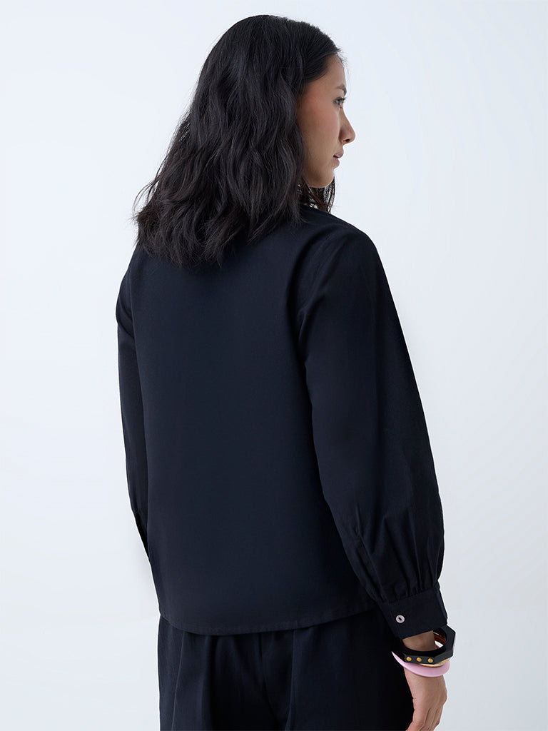 Utsa Black Floral Embroidered Cotton Top - Image 4