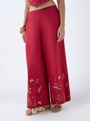 Utsa Red Embroidered Cotton-Blend Palazzos