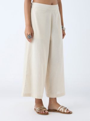 Utsa Beige Solid Cotton-Blend Ethnic Pants