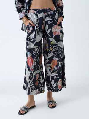 Utsa Black Botanical Pattern Ethnic Pants