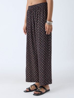 Utsa Black Floral Pattern Ethnic Pants