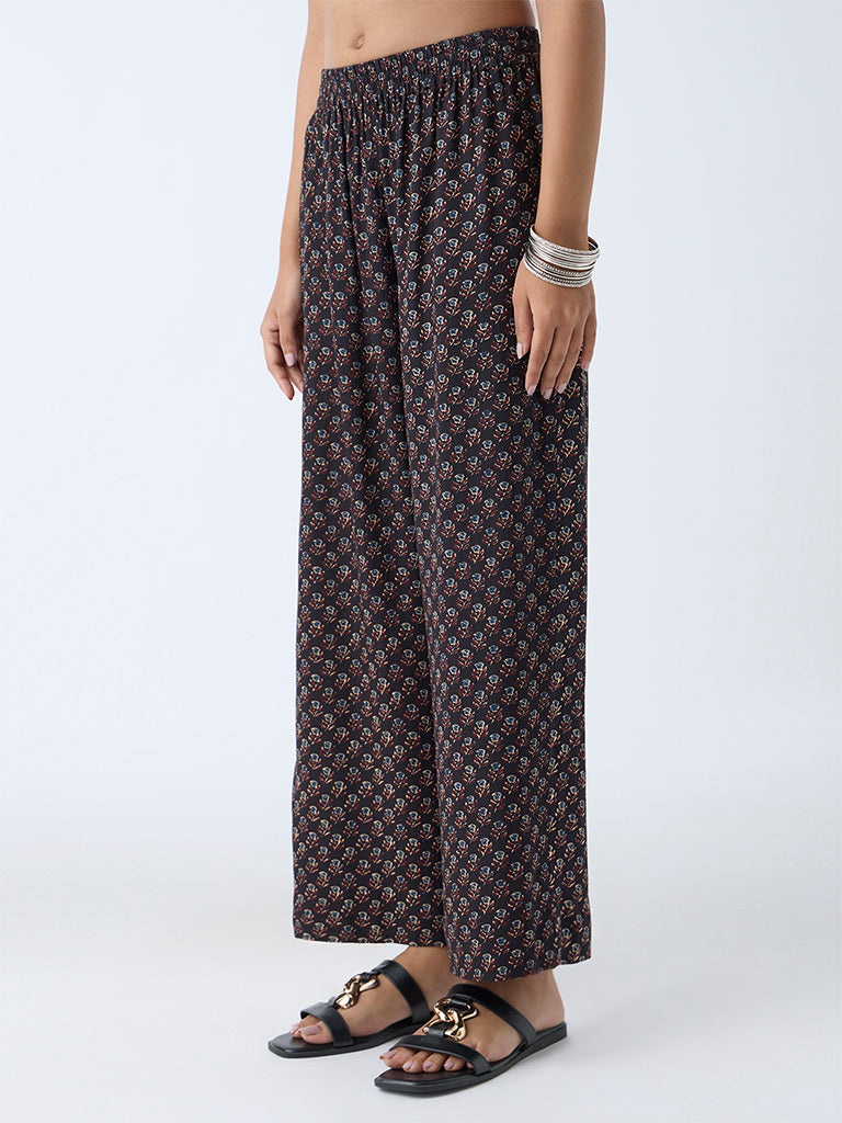 Utsa Black Floral Pattern Ethnic Pants