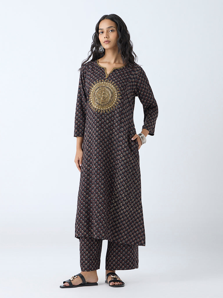 Utsa Black Floral Pattern Ethnic Pants - Image 2