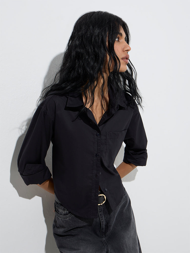 Nuon Black Solid Cotton Shirt - Image 2