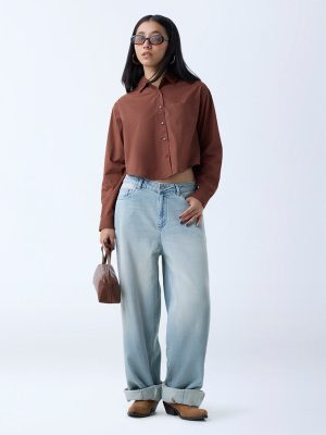 Nuon Brown Solid Cropped Shirt